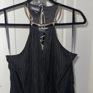 NWT BEBE Black Pinstripe Surplice Halter Top with Gold Neck Detail size Small